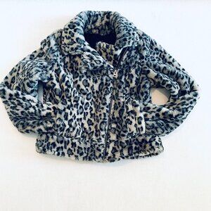 Lucky Brand grey faux fur cheetah print bomber jacket Womens Small animal soft